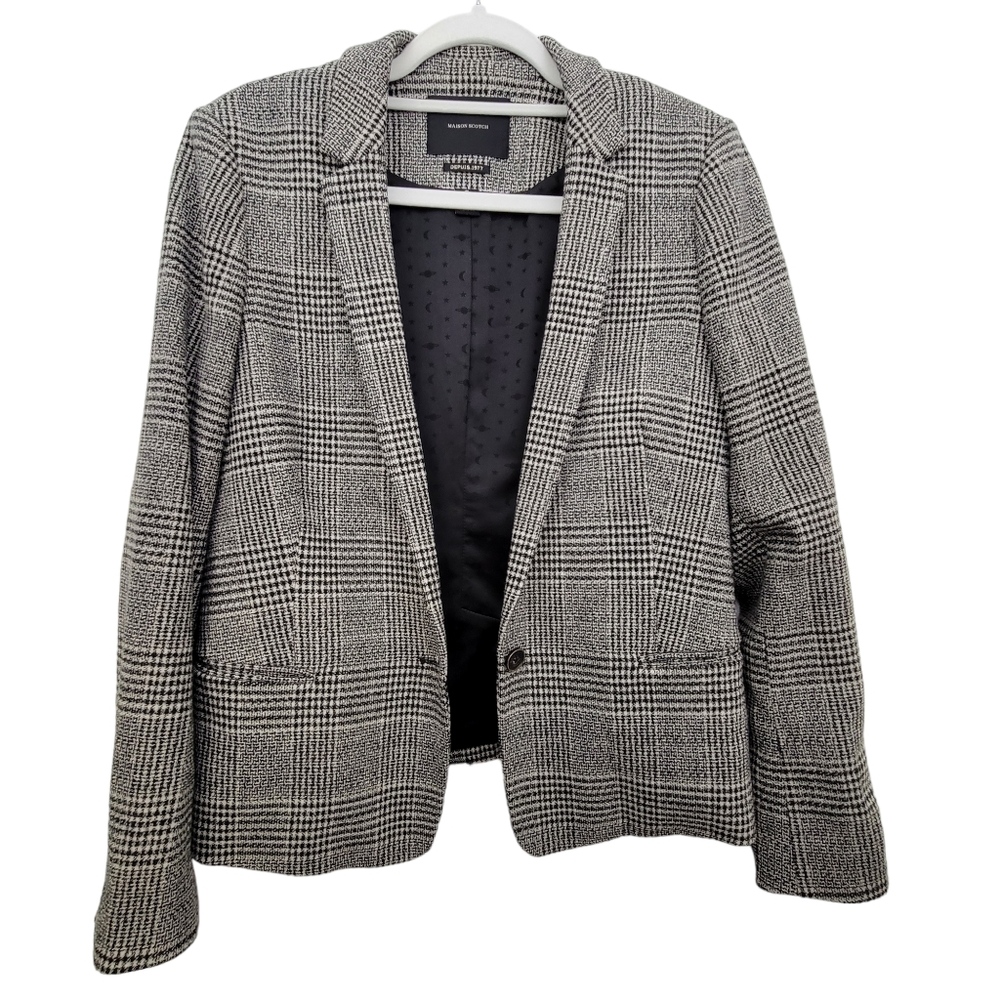 Maison Scotch Scotch-Soda Wool Blend 1 Button Black/Grey Window Pane Pattern Sz2